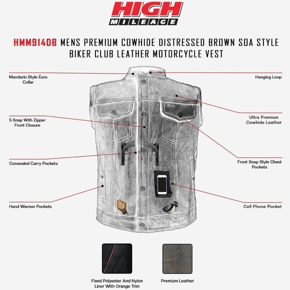 HIGH MILEAGE • Men’s Premium Cowhide Brown SOA Biker Leather Motorcycle Vest - Picture 8 of 12